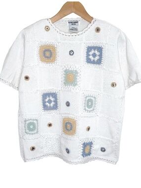 Alfred Dunner Vintage Crochet Granny Square Short Sleeve Top in White